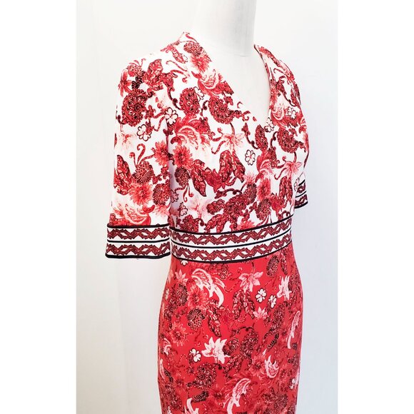Maggy London Womens Red White Border Print Floral Short Sleeve Midi Dress NWT 2 - Picture 6 of 13